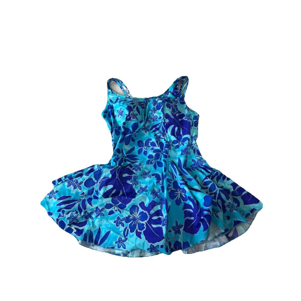 Vintage LE COVE Floral One Piece Swimsuit Dress Tank Scoop Blue Tummy Control 18